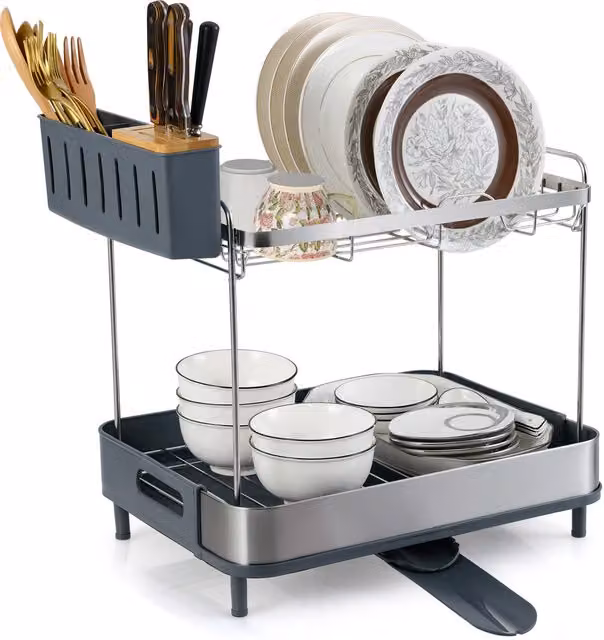 Costway 2-Tier Black Dish Drying Rack with Drip Tray and Cutlery Holder