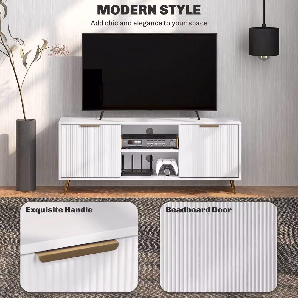 STILVORA Modern White MDF TV Stand with Media Compartments and Grommet for Living Rooms – 4