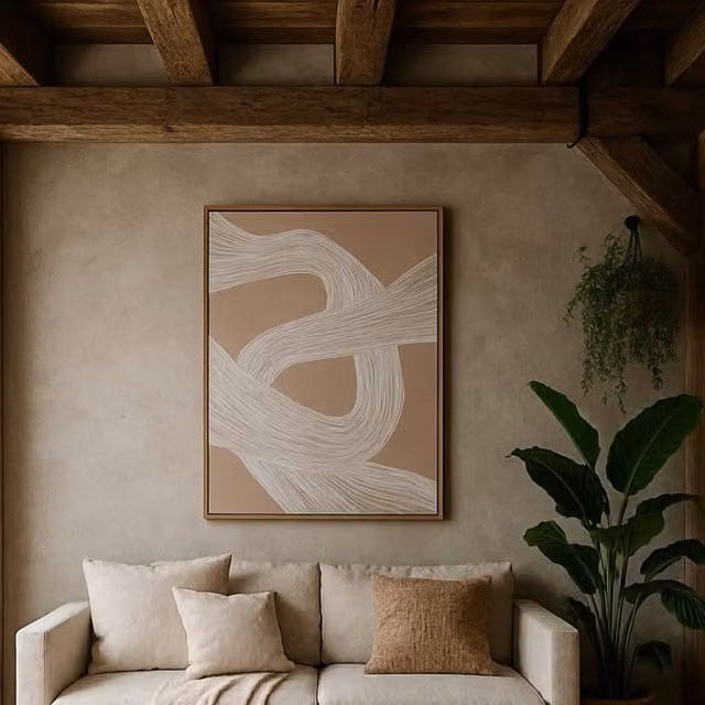 Wyld Haus Naousa Coastal White, Beige and Cream Abstract Line Art Framed Canvas Print in a Brown Wood Frame – 1