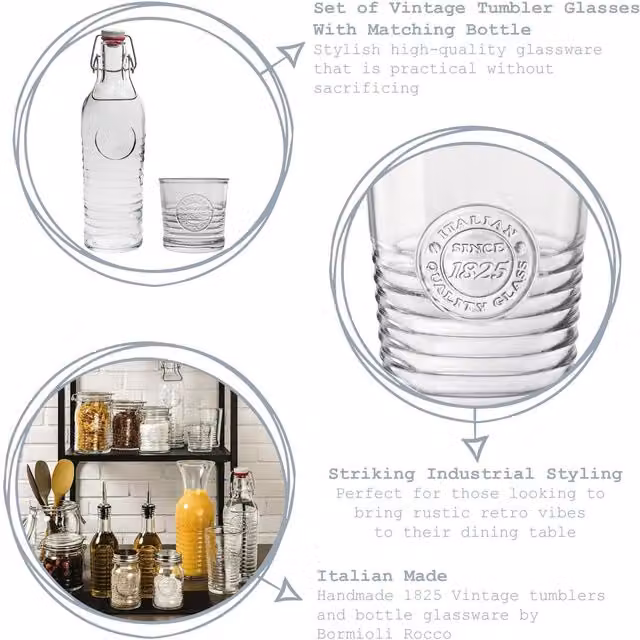 Bormioli Rocco Officina 1825 7 Piece Swing Bottle and Tumbler Glass Set, Clear