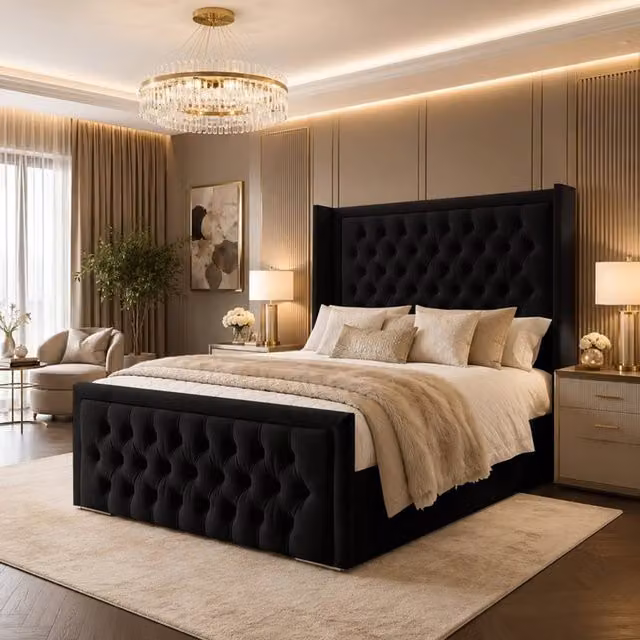 Desire Deco Luxury Wingback Upholstered Chesterfield Bed Frame in Black Velvet, Size: 180 x 200 cm