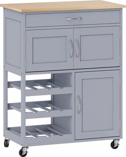 HOMCOM Modern Kitchen Trolley with Drawer, 9-Bottle Wine Rack and Cabinets, Grey and White Rubberwood Storage Island – 1