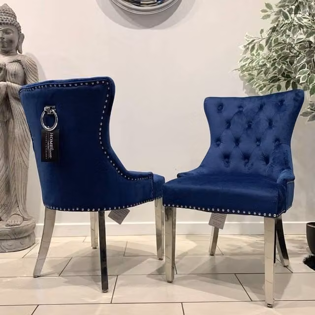 Home Luxe Interior Aydin Royal Blue Velvet Dining Chairs with Chrome Legs and Ring Knocker, Pair