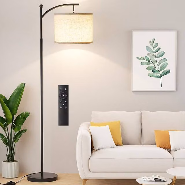 Ventryn Black Free Standing Floor Lamp with Fabric Cylinder Shade and Remote Control – 1