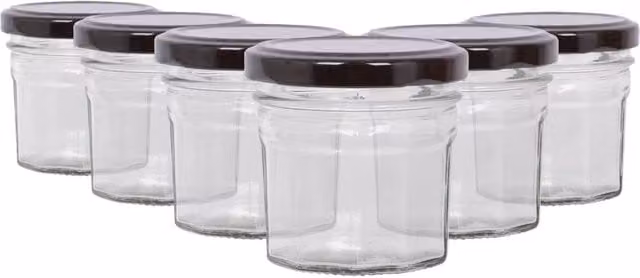 Argon Tableware Set of 6 Transparent Glass Jam Jars with Black Metal Screw Lids, 90ml Each