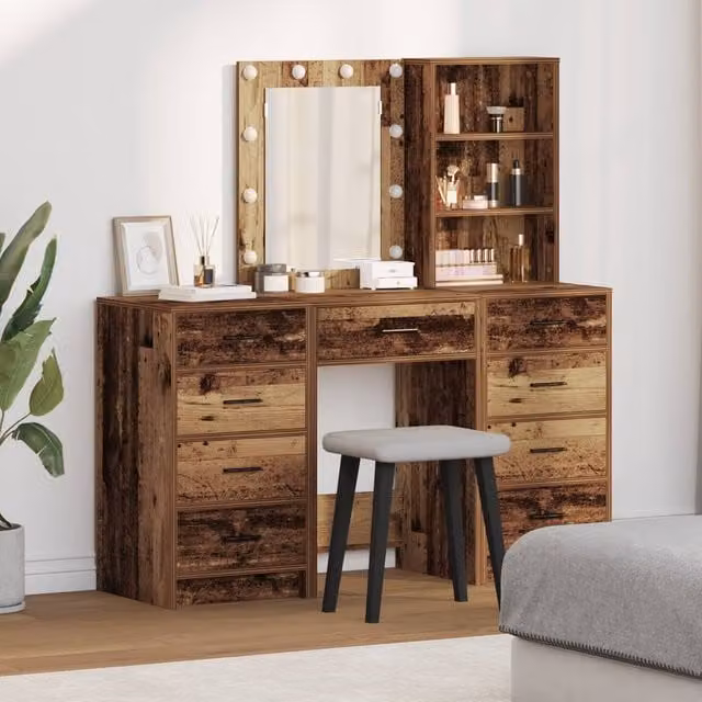 Berkfield Home 3-Piece Hollywood LED Dressing Table Set in Brown Old Wood Finish – 1