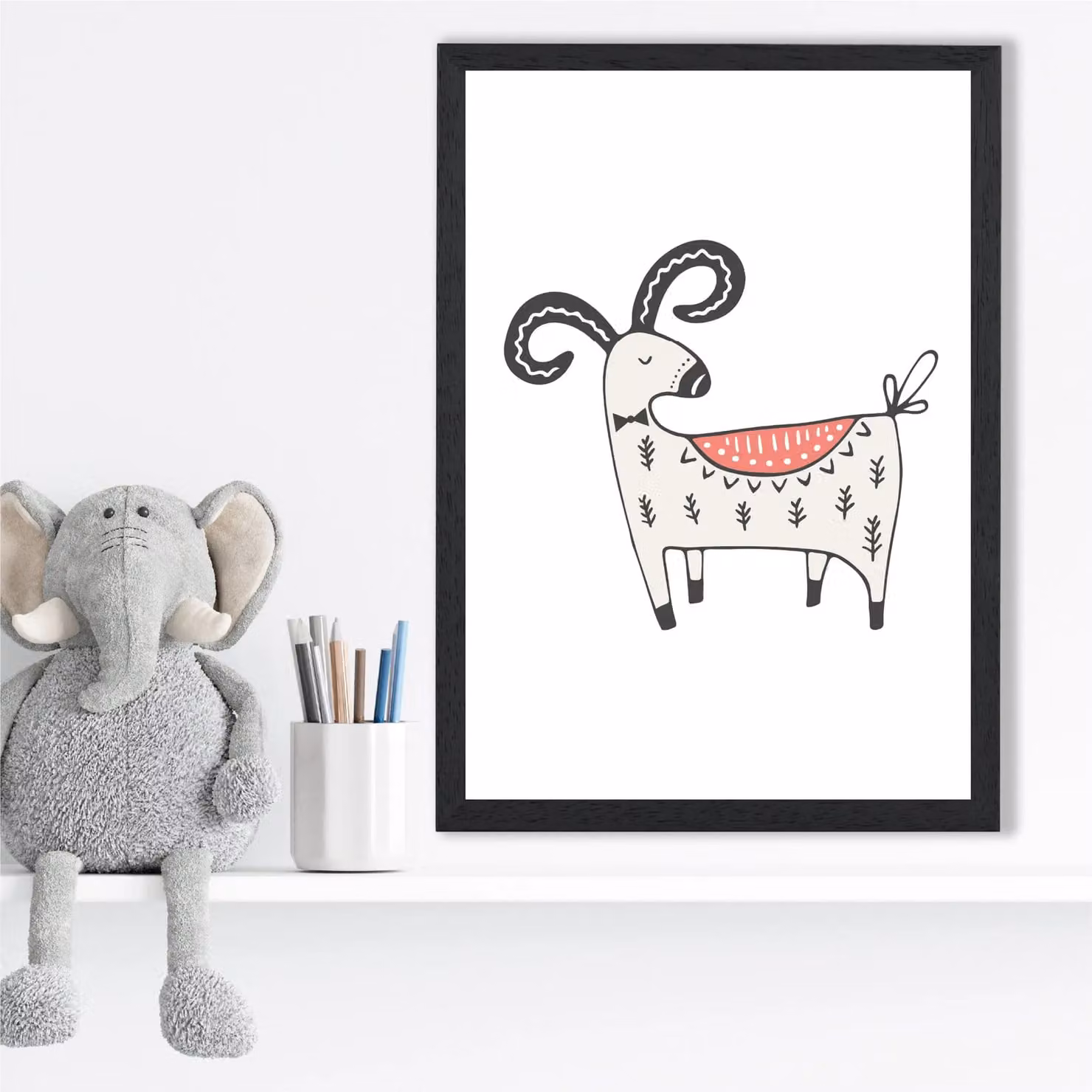 ARTZE Cute Mountain Goat Scandi Animal Framed Print in Beige and Black – 2
