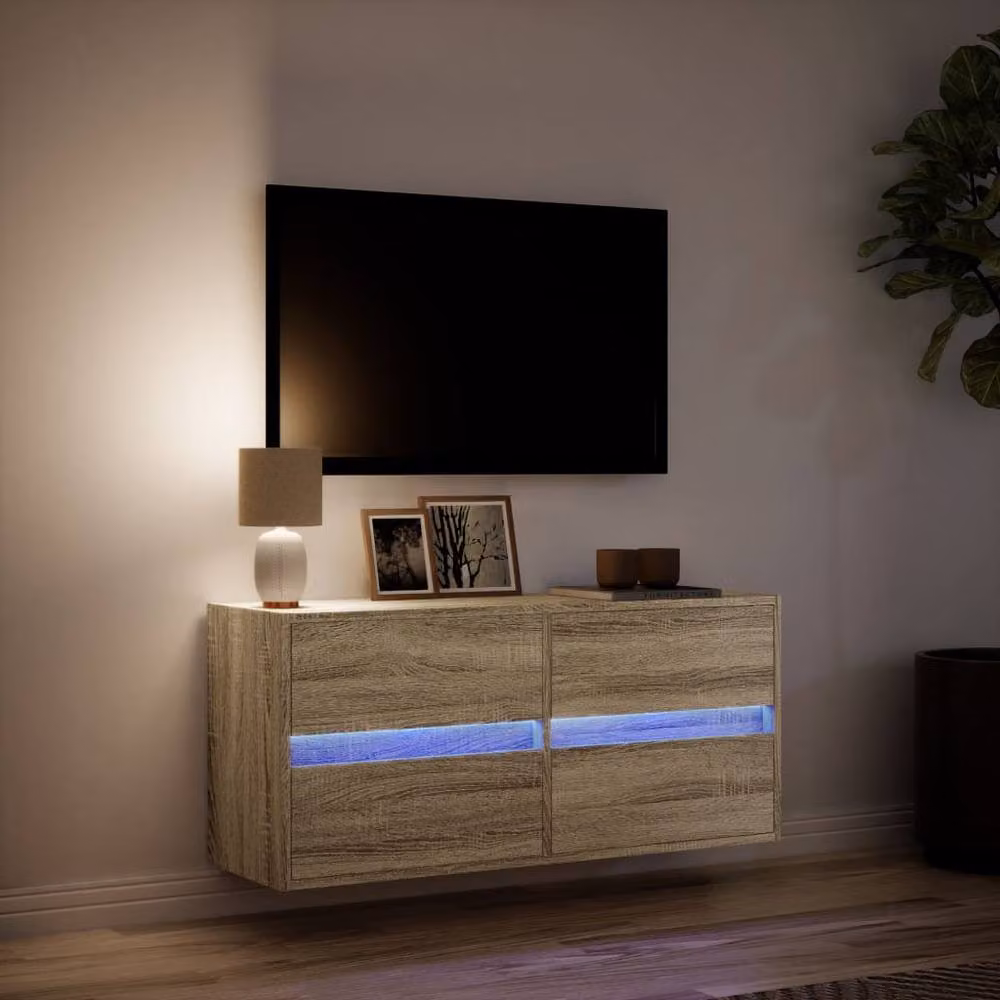 Berkfield Home TV Wall Cabinet with LED Lights in Sonoma Oak Brown, W/D/H: 100 x 31 x 45 cm – 2