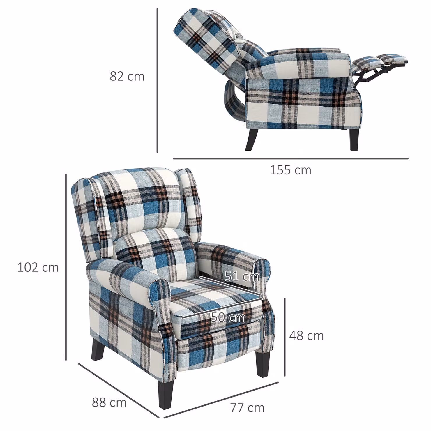 HOMCOM Blue Wingback Reclining Armchair with Integrated Footrest and Wood Legs – 3