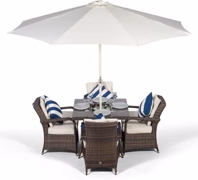 Giardino Arizona Square Rattan Patio Dining Set with Ice Bucket Drinks Cooler in Brown and Grey Striped Maritime Design for 4 People