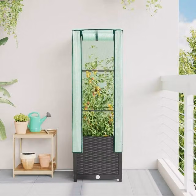 Berkfield Home Raised Bed with Greenhouse Cover in Black Rattan Look, W/D/H: 40 x 40 x 139 cm – 1