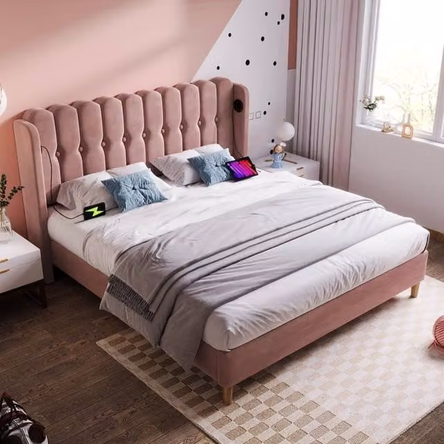 Rolipo Pink Velvet Double Bed with USB and Type-C Charging Ports, W/D/H: 140 x 200 x 103 cm