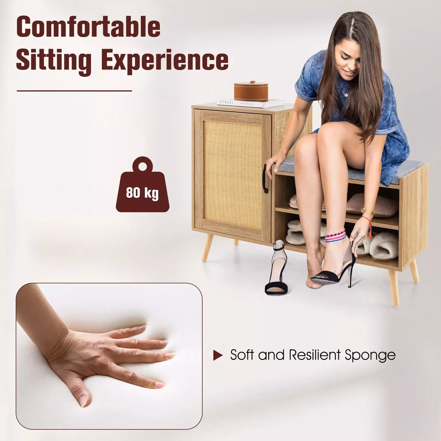 Costway 2-in-1 Rattan Shoe Cabinet and Storage Bench in Natural Brown – 3