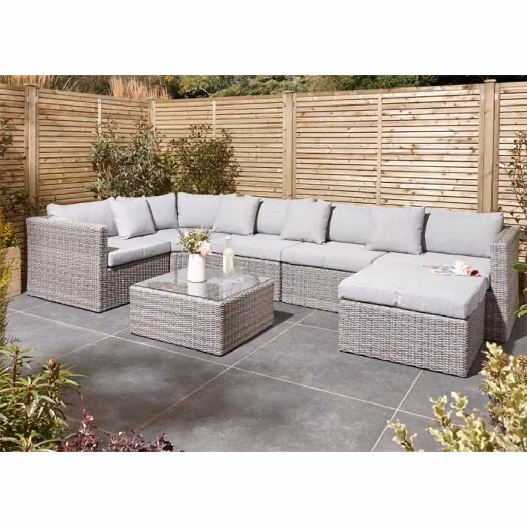 Cheshire 8 Seater Multifunction U-Shape Garden Sofa Set with Flat Wicker Weave and Upholstered Cushions in Light Grey – 2