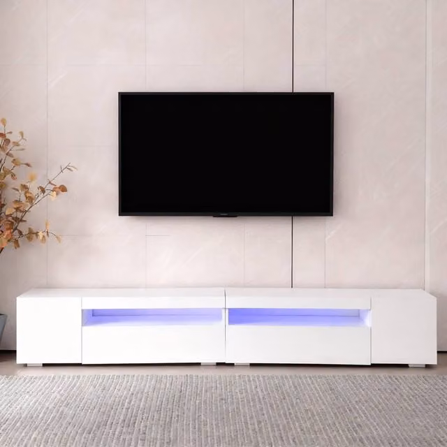 Rolipo White Modern TV Stand with Integrated LED Light and Media Compartments, Width: 240 cm