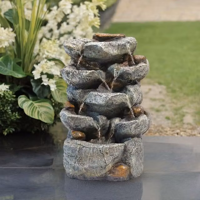 Breeins Grey Solar Powered Multi Tiered Rockery Cascade Fountain