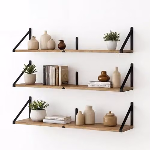 Levede Set of 3 Modular Floating Wall Shelves in Wood and Metal, W/D/H: 80 x 20 x 18 cm