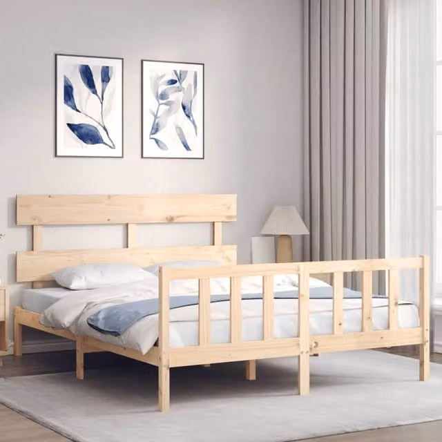 Berkfield Home Beautiful Bed Frame with Headboard in Light Oak Solid Wood W/D/H: 160 x 200 x 81 cm