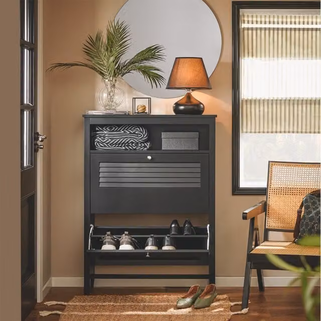 SoBuy Modern Black Narrow Hallway Shoe Cabinet with Tilting Compartments and Internal Shelves
