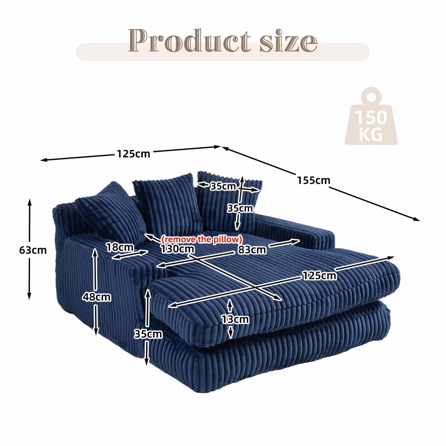 Aosom UK Modern Oversized Chaise Lounge Chair with Memory Foam Seat and Sofa Bed, Blue, W/D/H: 125 x 155 x 63 cm – 3