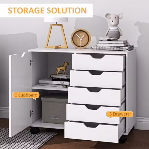 HOMCOM White Lateral Office Storage Cabinet with 5 Drawers and Door on Castors, W: 78.0 cm, D: 40.0 cm, H: 66.5 cm – 3