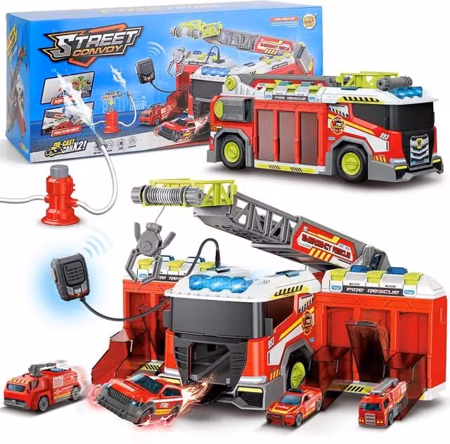 Figure Play World 2-in-1 Transformable Fire Truck and Rescue Vehicle Playset, Red