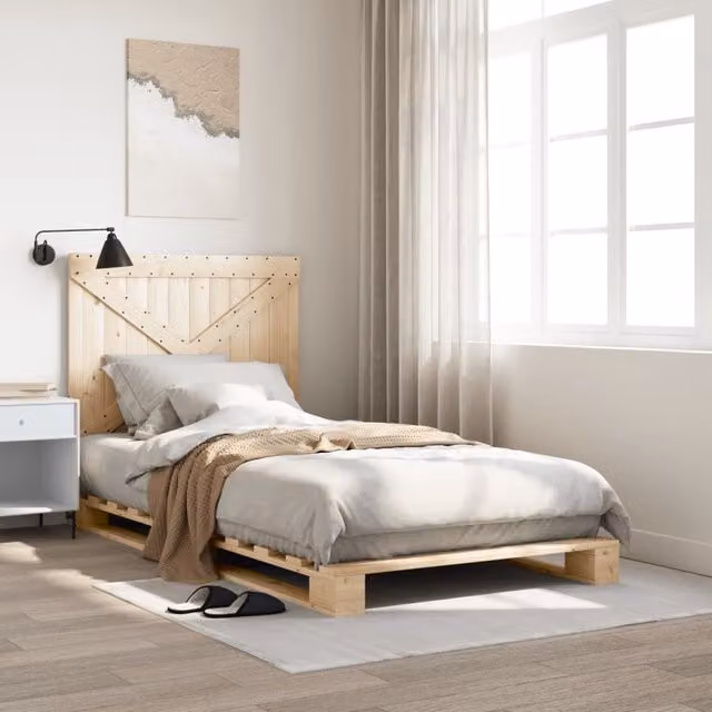Berkfield Home Solid Wood Pine Bed Frame with Headboard in Brown, W/D/H: 100 x 200 cm