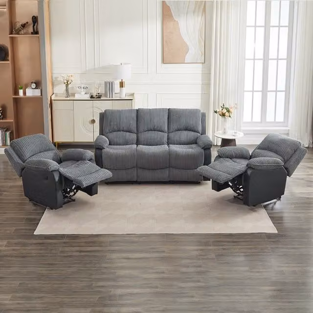 Furniture One Grey Corduroy Sectional Recliner Sofa Set