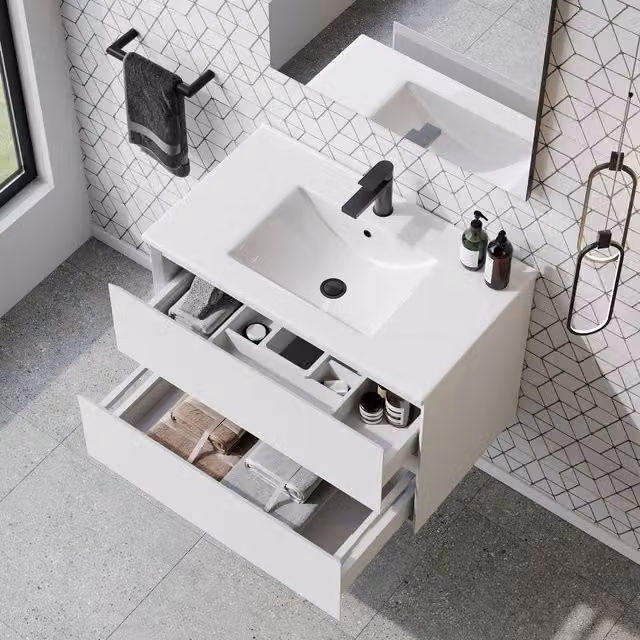 Banyetti Kameo 800mm Wall Hung 2 Drawer Vanity Unit with Lira Basin, Matt White
