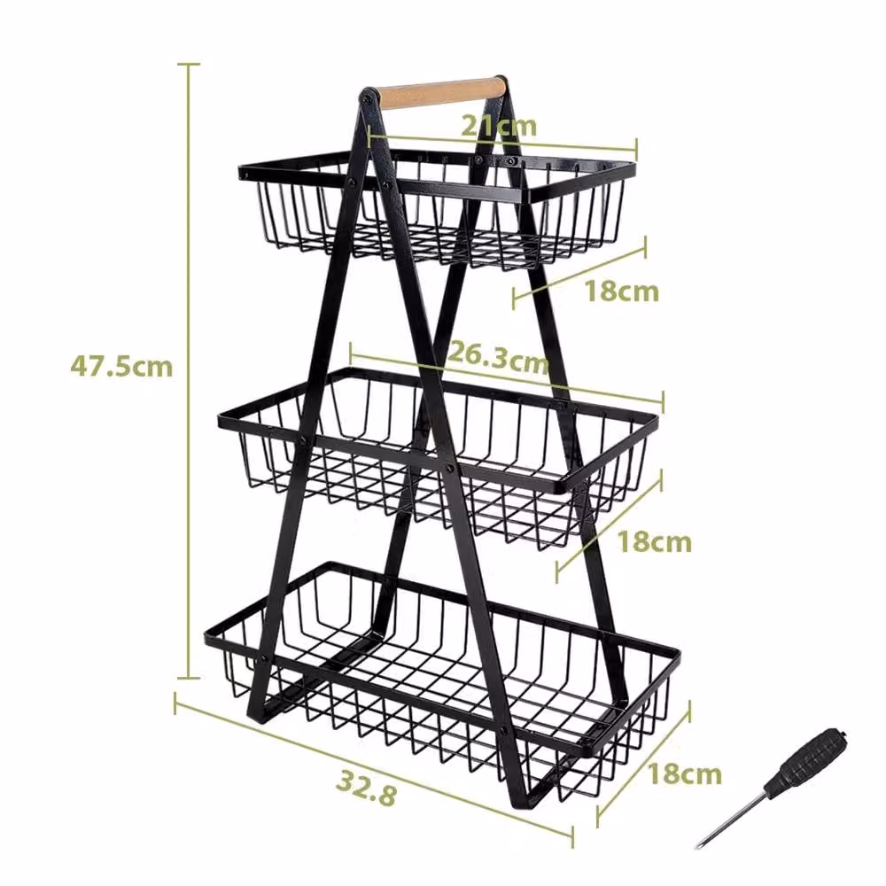 Nordara 3 Tier Fruit Basket and Vegetable Storage Stand with Handle, Black – 2