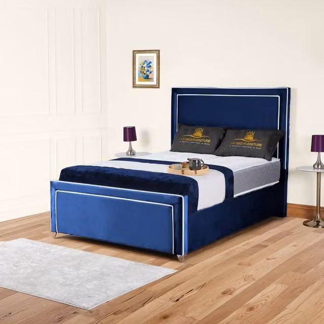 UK Bed Furniture Ariana Blue Velvet Upholstered Ottoman Gas Lift Bed with 48 Inch Headboard, Size: Double (140 x 200 cm)