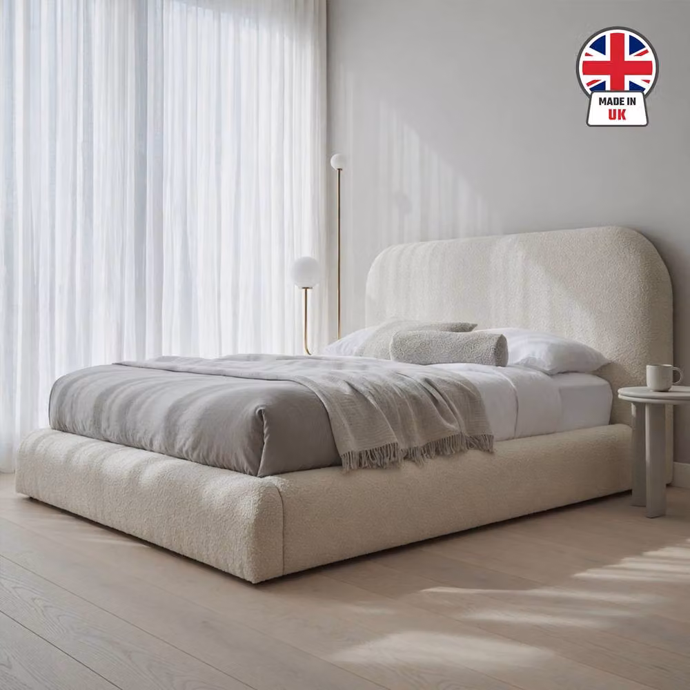 KDMD Baslow Boucle Upholstered Premium Platform Bed Frame in Cream, Size: 200 x 200 cm – 2