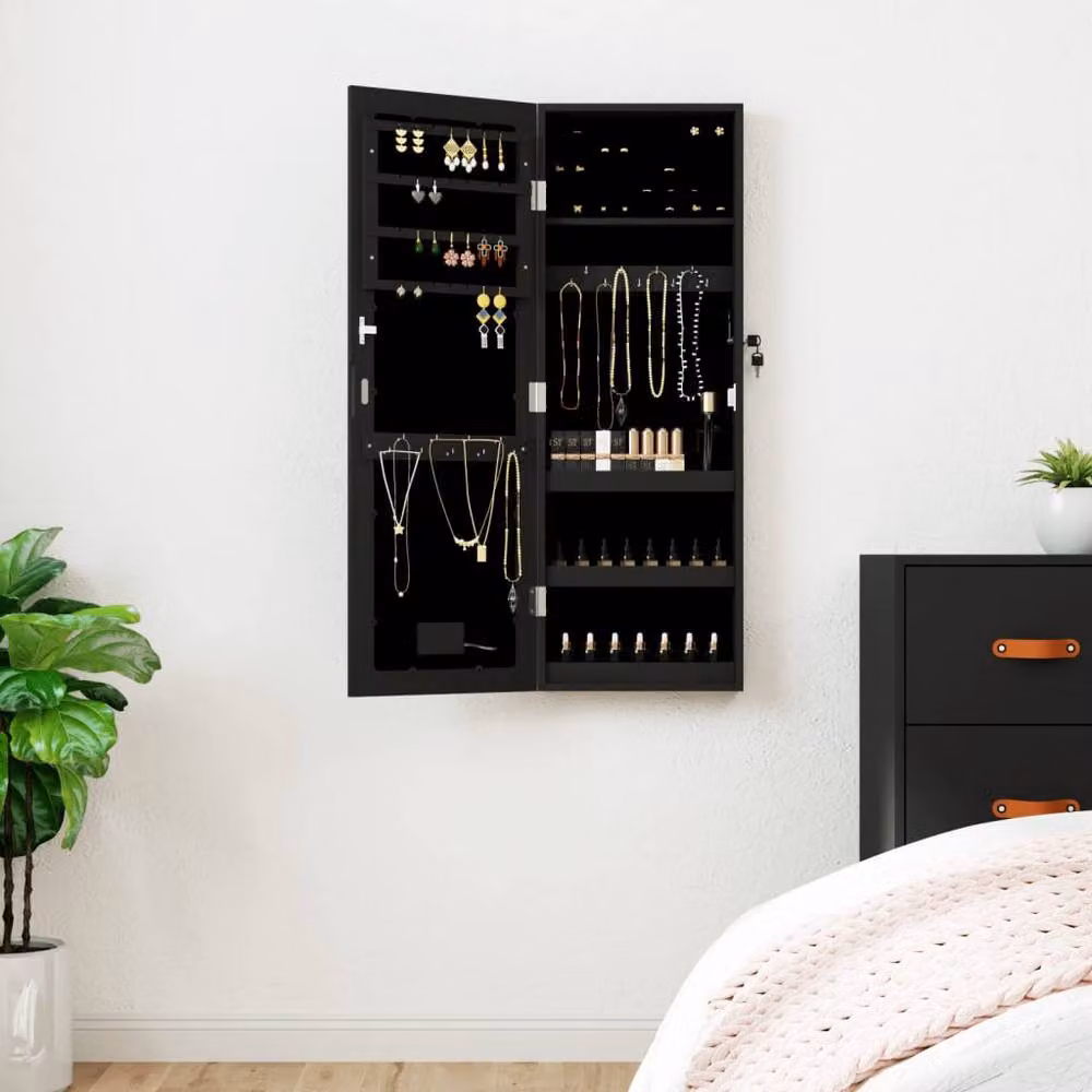 Berkfield Home Wall Mounted Mirror Jewellery Cabinet with LED Lights in Matt Black – 2