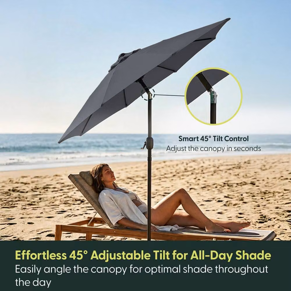 KEPLIN 2m Tilting Parasol Umbrella in Grey with UPF 50+ Polyester Canopy and Steel Frame – 3