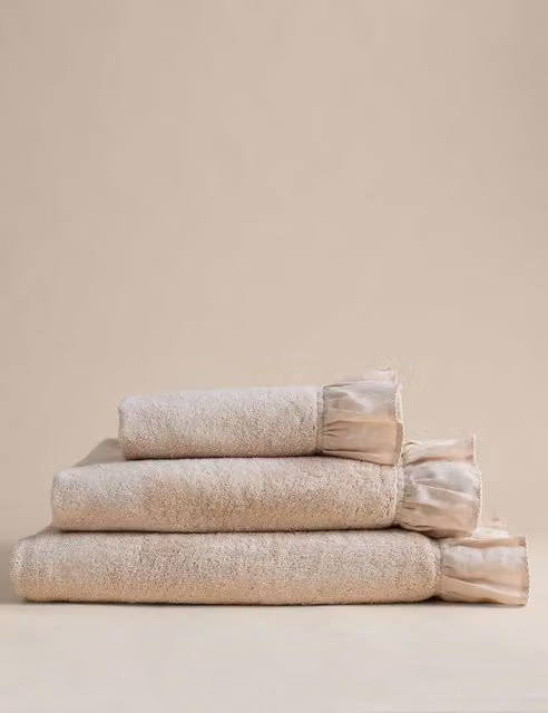 M&S Pure Cotton Ruffle Towel with Linen Border in Beige