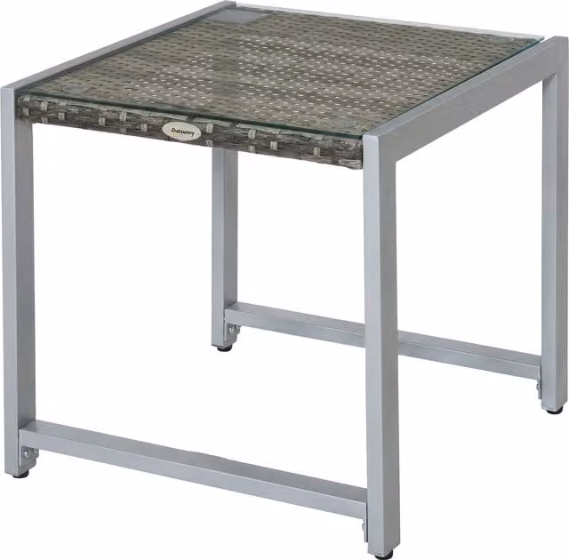 Outsunny Grey Rattan Side Table with Glass Top and Powder Coated Aluminium Frame for Garden and Terrace – 1