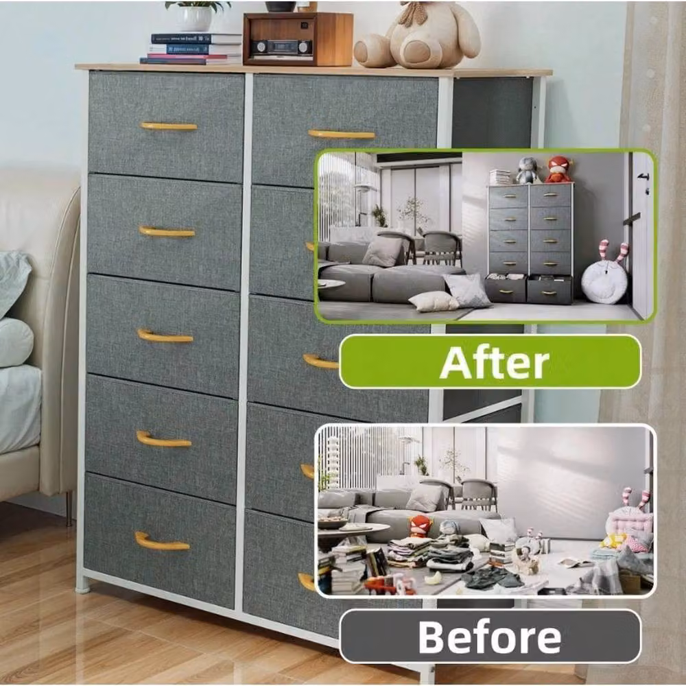 VOGREX 10 Drawer Bedroom Storage Chest with Grey Steel Frame in Dark Grey – 4