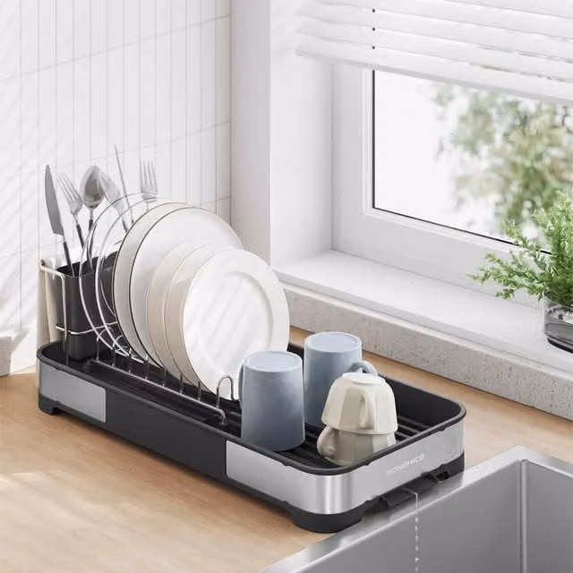 Songmics Stainless Steel Dish Drying Rack with Drip Tray, Cutlery Holder and Cup Holder, Silver and Black