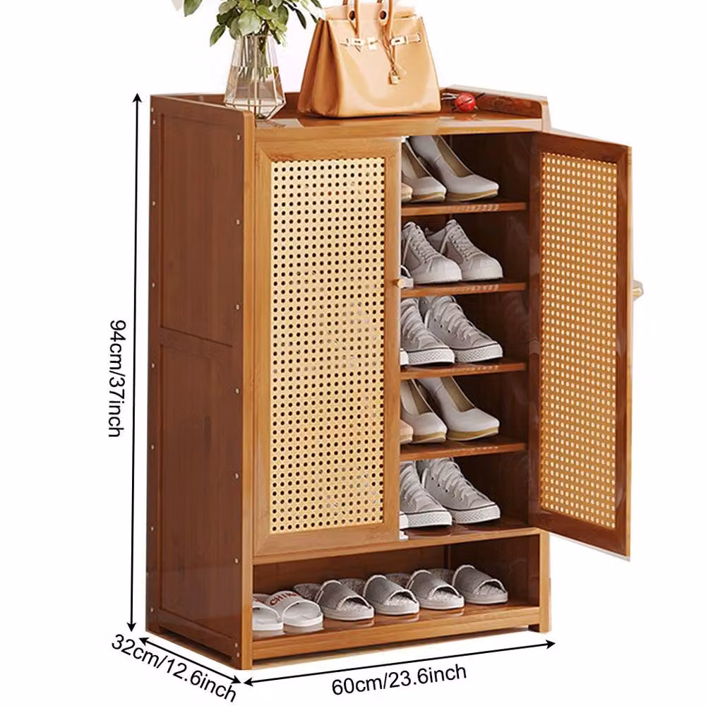Ventryn Wooden Shoe Cabinet with Double Rattan Doors in Brown – 2