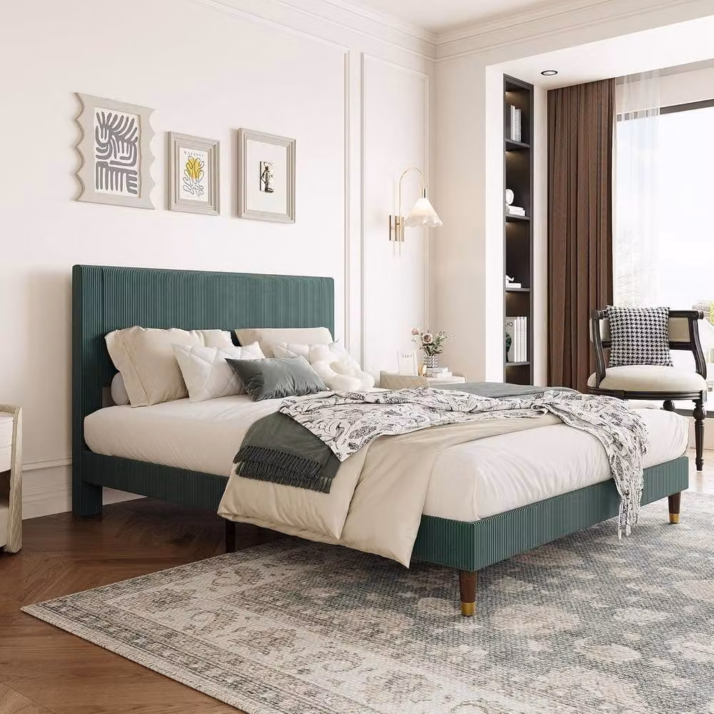 London Boutique Modern Upholstered Double Platform Bed Frame with Headboard in Green, W/D/H: 140 x 200 cm – 7