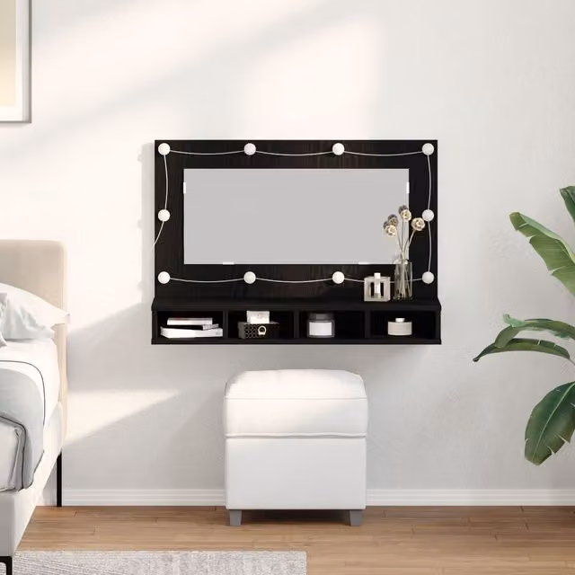 Berkfield Home LED Mirror Cabinet in Black Oak, W/D/H: 90 x 31.5 x 62 cm
