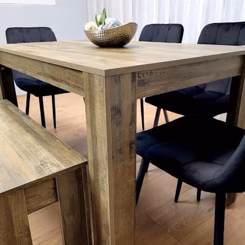 KOSY KOALA Modern Dining Set for 6 with Oak Effect Table, 4 Black Velvet Chairs and Wooden Bench, Brown and Black – 4