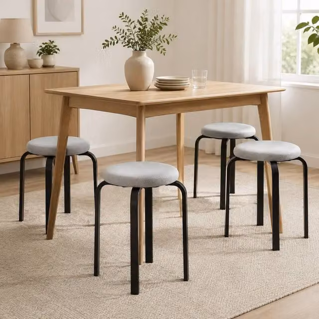 STILVORA Set of 4 Stackable Modern Stools with Grey Fabric Cushioned Seats and Metal Frames