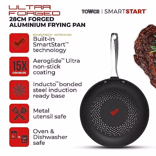 Tower T900301 SmartStart Ultra Forged 28cm Aluminium Non-Stick Frying Pan, Black, Induction Compatible and Oven Safe – 2