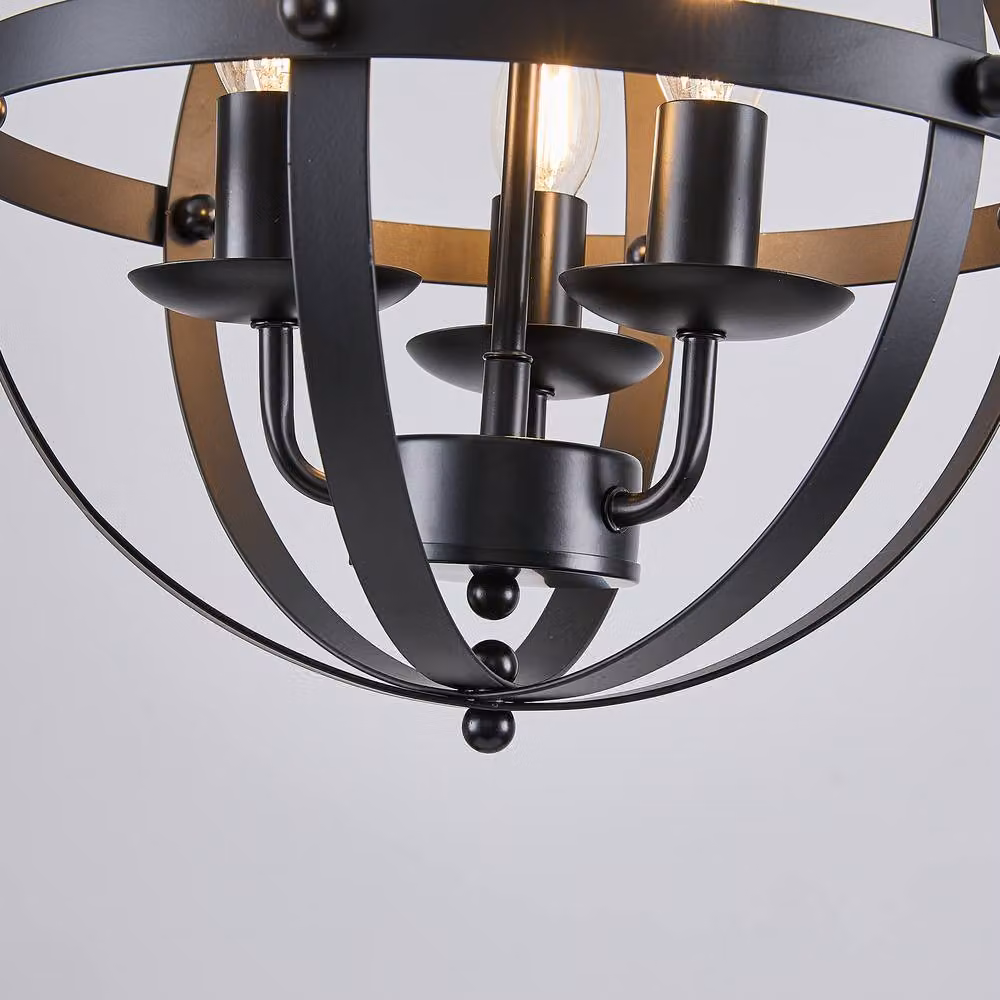 NIVOR 3 Light Industrial Globe Vintage Chandelier, Black Spherical Pendant with Transparent Glass and E14 Base – 4