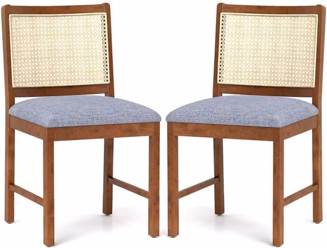 Costway Set of 2 Mid-Century Rattan and Rubberwood Dining Chairs with Fabric Upholstery, Brown – 1