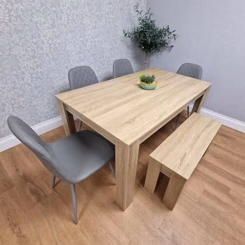KOSY KOALA Dining Table Set with Bench and 4 Grey Faux Leather Chairs, Oak Effect Wooden Kitchen Dining Furniture, W/D/H: 140 x 80 x 75 cm