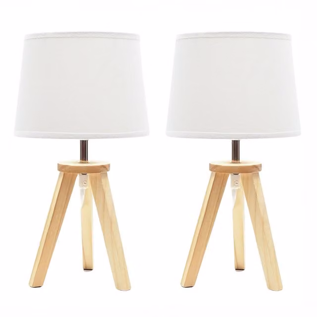 ValueLights Jackson Pair of Scandinavian Wood Tripod Table Lamps in Grey and White, H: 32 cm, W: 18 cm, D: 18 cm