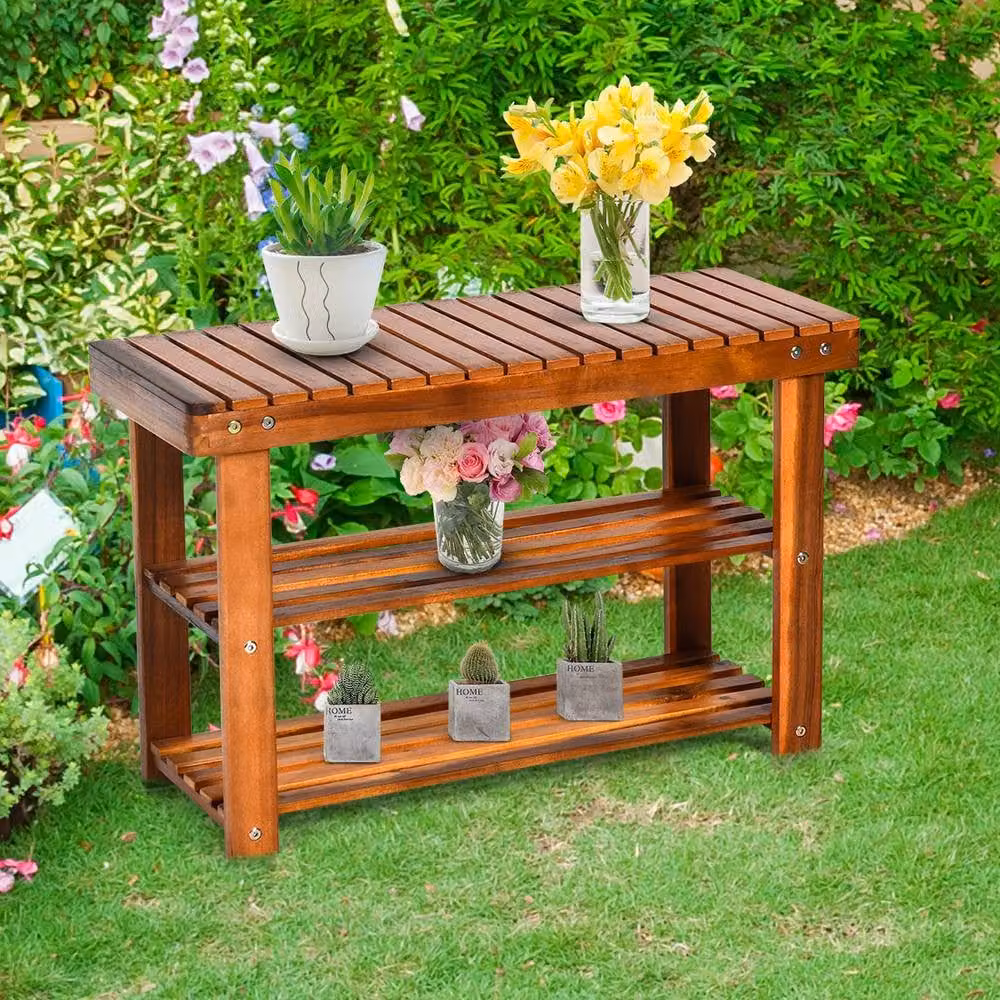 Costway Acacia Wood 3-Tier Shoe Rack Bench in Brown, W/D/H: 70 x 28 x 45 cm – 3