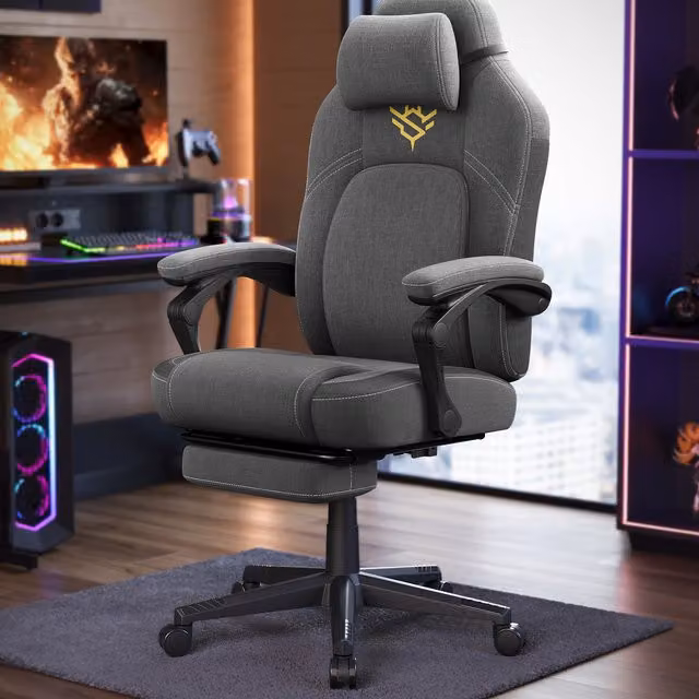 SONGMICS Grey and Gold Fabric Gaming Chair with Headrest and Footrest